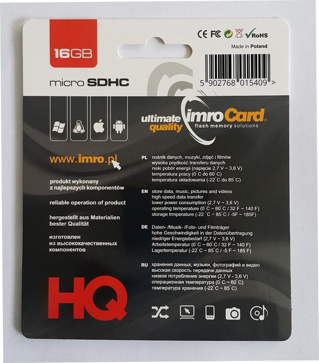 Actual product image IMRO 4/16GB MicroSDHC Class 4 memory card (16 GB, microSDHC)