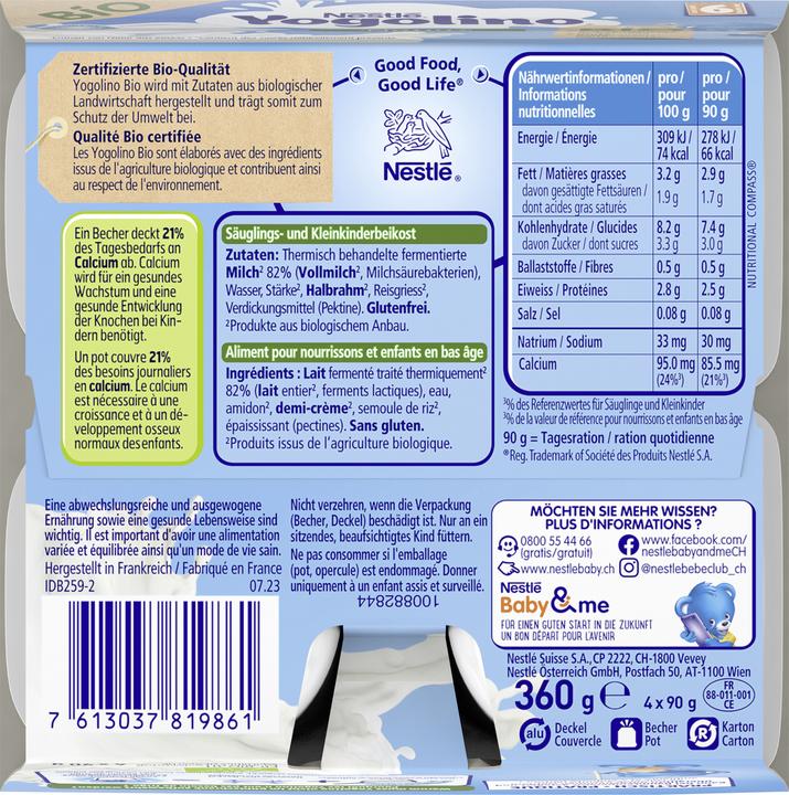 Nutritional values and ingredients Yogolino Bio Nature (393 g)
