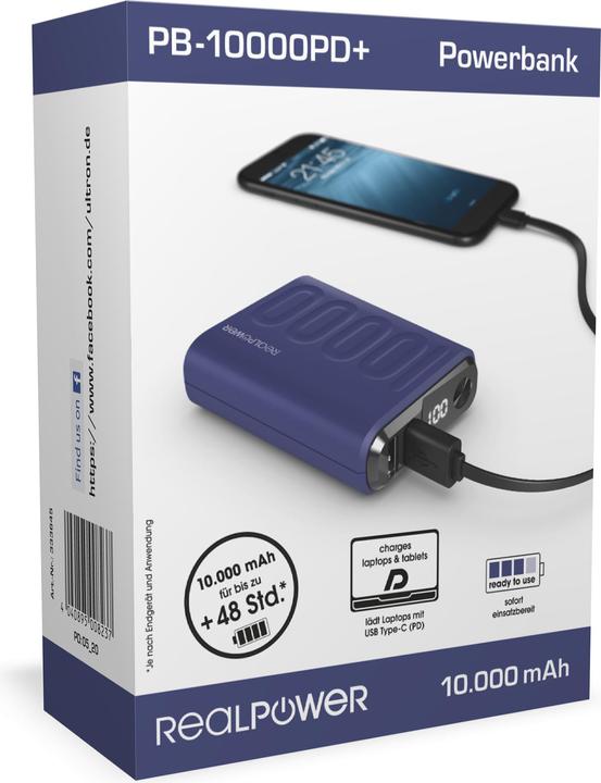 Produktbild RealPower Powerbank PB-10000 PD+ Midnight (10000 mAh, 18 W, 18 Wh)