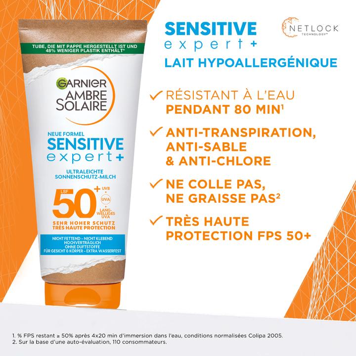 Actual product image Garnier Ambre Solaire Sensitive expert+ (Suntan lotion, SPF 50+, 200 ml, 210 g)