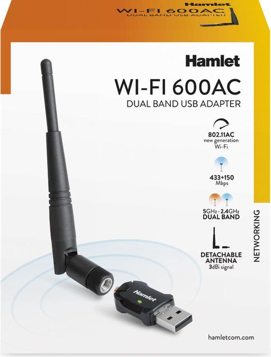 Actual product image Hamlet USB Wi-Fi adapter 600Mbps Dual Band 5GHz + 2.4GHz standard 802.ac with removable antenna (USB)