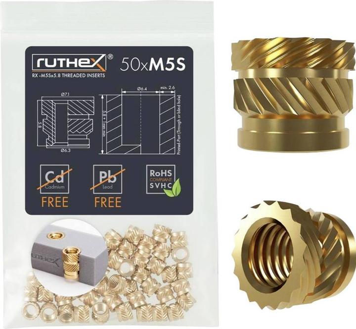 Produktbild Ruthex M5 Gewindeeinsatz SHORT - 50 Stück RX-M5Sx5.8 Gewindebuchsen aus Messing
