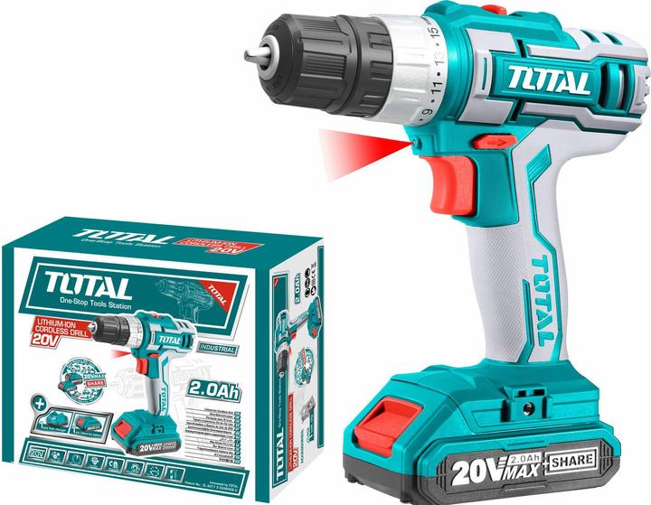 Actual product image Total Cordless drill driver, 1x2000mAh, 20V Li-Ion, charger 2h (Rechargeable battery operated)