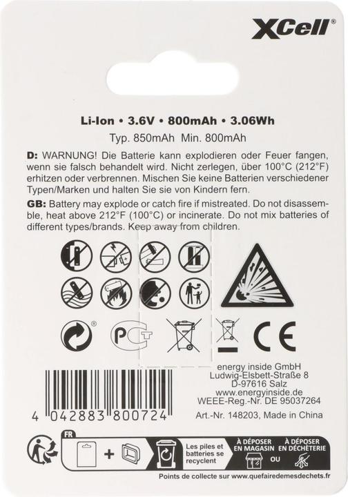 Image du produit XCell Batterie Pro 16340, CR123A protégée, avec prise de charge USB-C (1 pcs, RCR123A, 850 mAh)