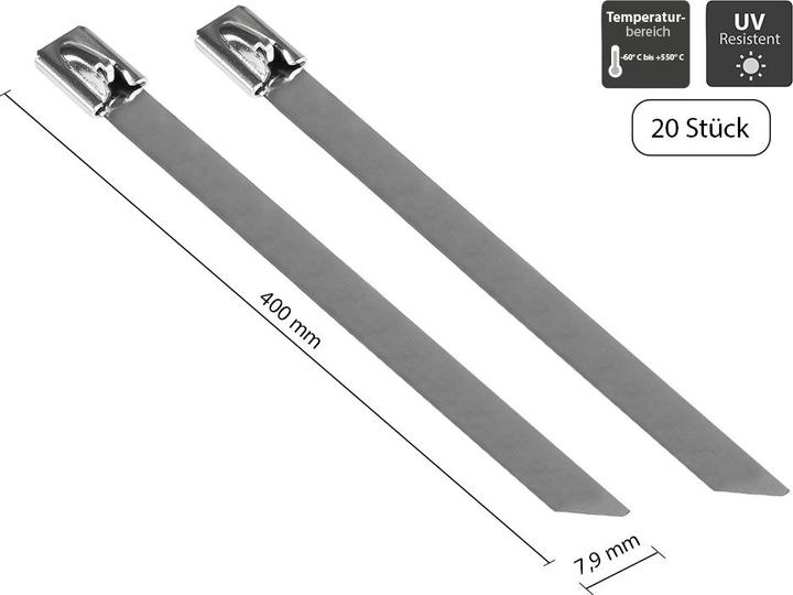 Produktbild Good Connections Edelstahl-Kabelbinder 400 mm x 7,9 mm, -60 °C bis +550 °C, 20 Stück (Metallkabelbinder, 400 mm, 20 Stk.)