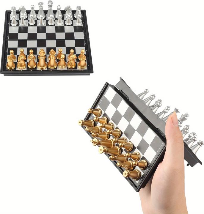 Image du produit PhoneLook Mini jeu d'échecs magnétique pliable portable (12 cm) idéal pour les voyages avec pièces dorées et a