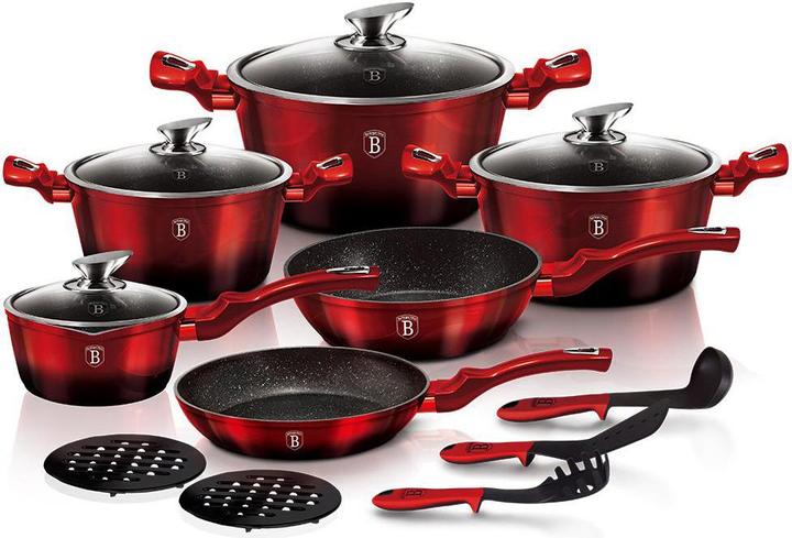 BerlingerHaus 15-piece pot set from the series METALLIC LINE - Black BURGUNDY BH-1632 (28 cm, Pfannenset + Topfset, Aluminiumguss)
