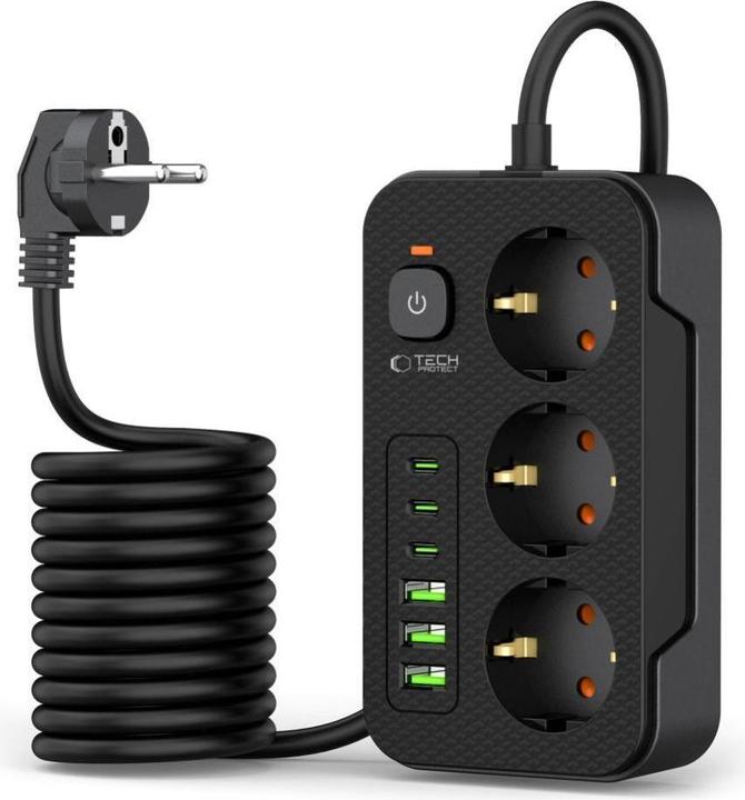 Actual product image Tech-Protect PC3X6 Power Strip 3 Sockets 240V + 3xUSB-A + 3xUSB-C 200cm - Black (3 x, USB-C, USB-A, 2 m)