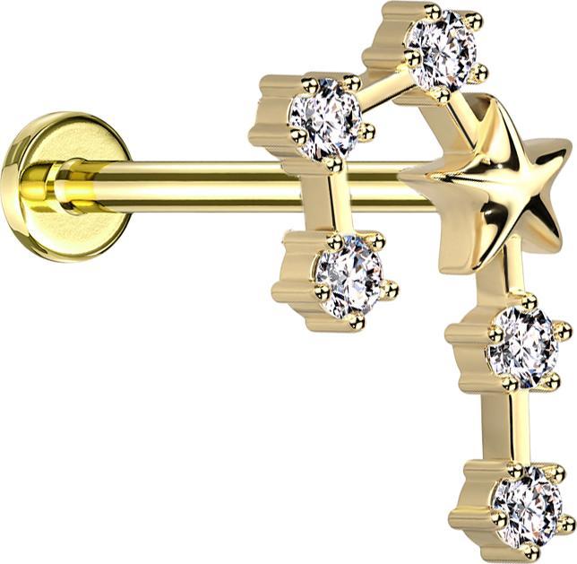 Star Piercing Micro Labret Innengewinde vergoldet Sternzeichen Zwillinge mit Kristallen (Chirurgenstahl 316L, Messing)