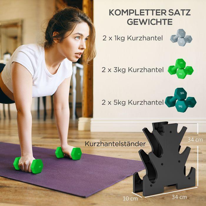 Produktbild Swisshandel24 Hanteln 6 Kurzhanteln mit Hantelständer, 2 x 1kg, 2 x 3kg, 2 x 5kg für Fitness (2 x 5 kg, 2 x 1 kg, 2 x 3 kg)