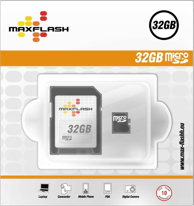 Produktbild IMRO Micro-SD Karte 32 GB Class 4 + SD-Adapter – MaxFlash Speicherkarte (32 GB, microSD)