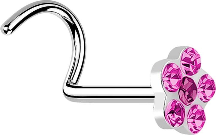 Actual product image Star Piercing Nasenstecker gebogen silber mit Blume und 5 Kristalle pink (without brass, Surgical steel 316L)
