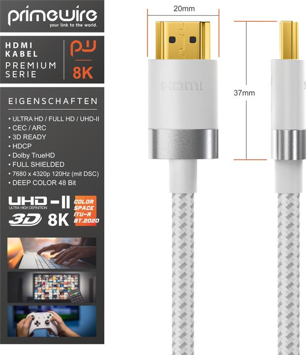 Produktbild Primewire HDMI Kabel 2.1, 8K @ 120Hz / 4K @ 240Hz DSC, Ultra High Speed, Nylonummantelung, HDR, ARC (10 m, HDMI)