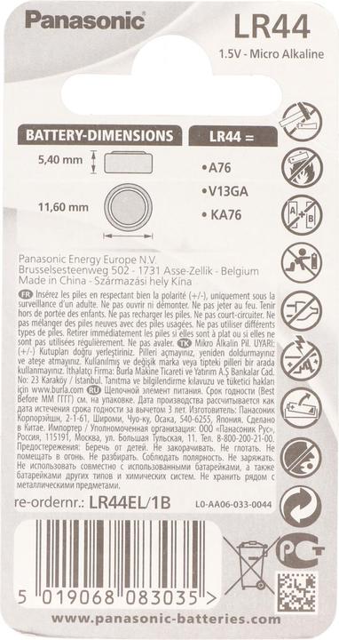 Produktbild Panasonic Micro Alkali LR44 (1 Stk., LR44, 105 mAh)