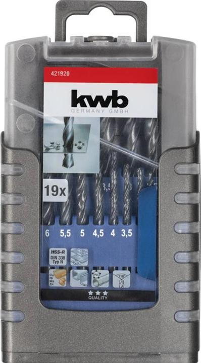 Produktbild kwb Spiralbohrer Set 19-teilig (6 mm, 1 mm, 6.5 mm, 5.5 mm, 10 mm, 1.5 mm, 7 mm, 3 mm, 5 mm, 8.5 mm, 8 mm, 2.5 mm, 9 mm, 3.5 mm, 4.5 mm, 2 mm, 7.5 mm, 9.5 mm, 4 mm)