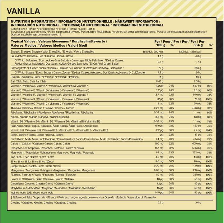 Valori nutrizionali e ingredienti Optimum Nutrition Massa seria (Bevanda sportiva in polvere, Vaniglia, 1 pz., 2727 g)