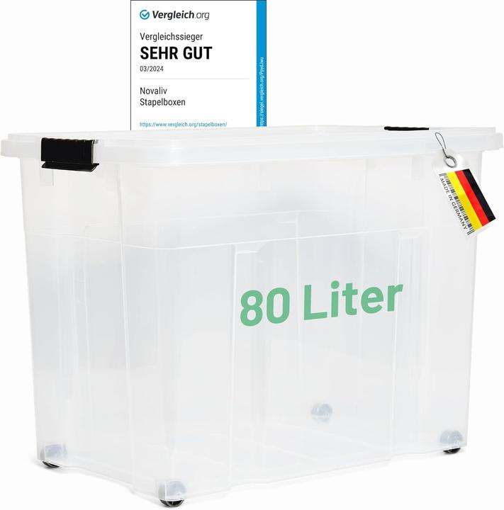 Produktbild Novaliv XXL Aufbewahrungsbox mit Deckel Gross 80L transparente Nestbar stapelbare Plastikbox mit Clip (61 x 40 x 45 cm, 80 l)