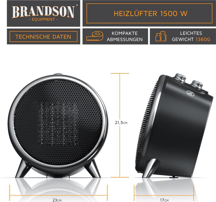 Actual product image Brandson Fan heater 1500 Watt, ceramic heating element and thermal fuse, bathroom ceramic heater (1500 W)