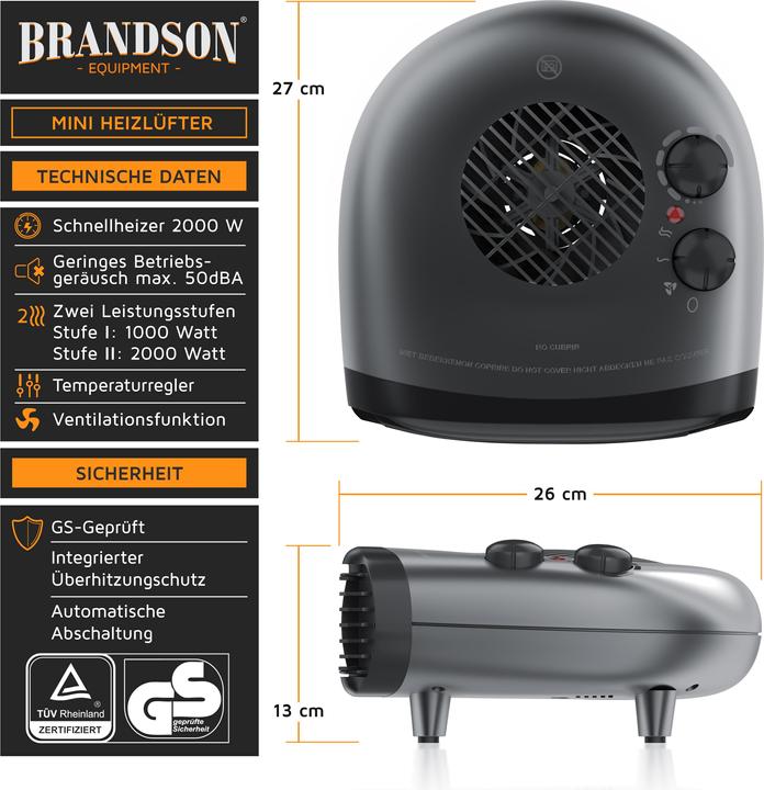 Actual product image Brandson Ceramic Fan Heater 2000 W with Adjustable Thermostat, Bathroom Heater with 3 Power Levels (2000 W)