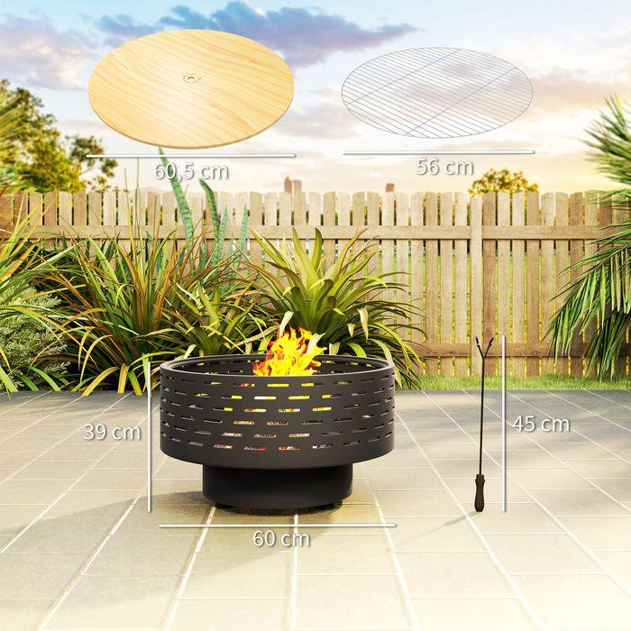Produktbild Swisshandel24 3in1 Feuerschale Ø60x39cm Edelstahl Grillrost Schürhaken Funkenschutz Holzoptik Kohlegrau (60 cm)