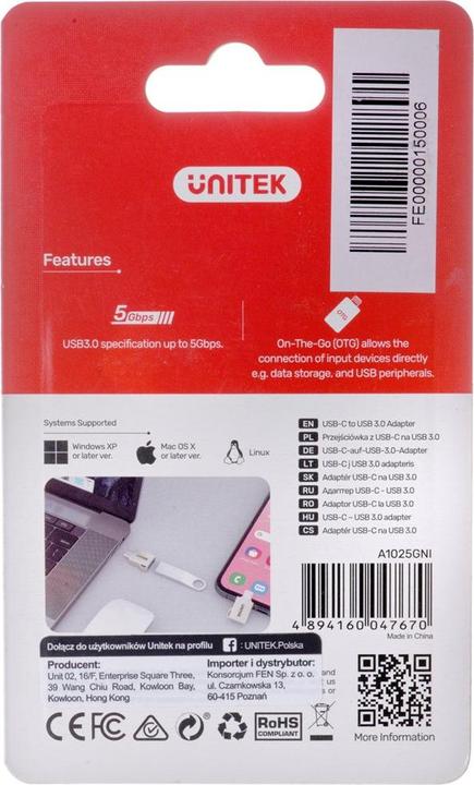 Actual product image Unitek ADAPTER USBCUSBA 31 GEN1 MF A1025GNI (0.02 m, USB 2.0, USB 1.1)