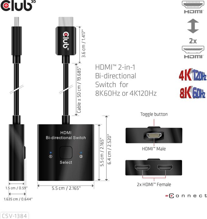 Produktbild Club 3D Club3D HDMI Switch 2-in-1 bidirektional 8K60Hz/4K120Hz UHD retail