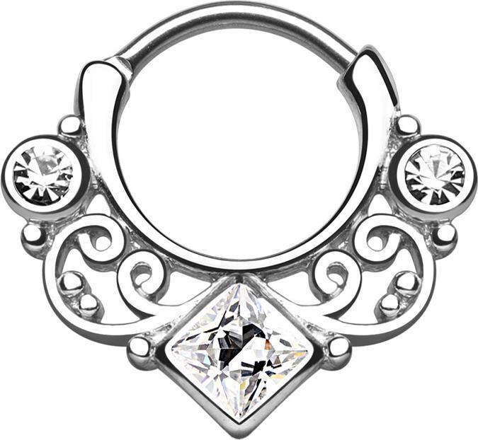 Produktbild Star Piercing Septum mit zwei runden und einem grossen viereckigem Kristall silber (Messing, Chirurgenstahl 316L)