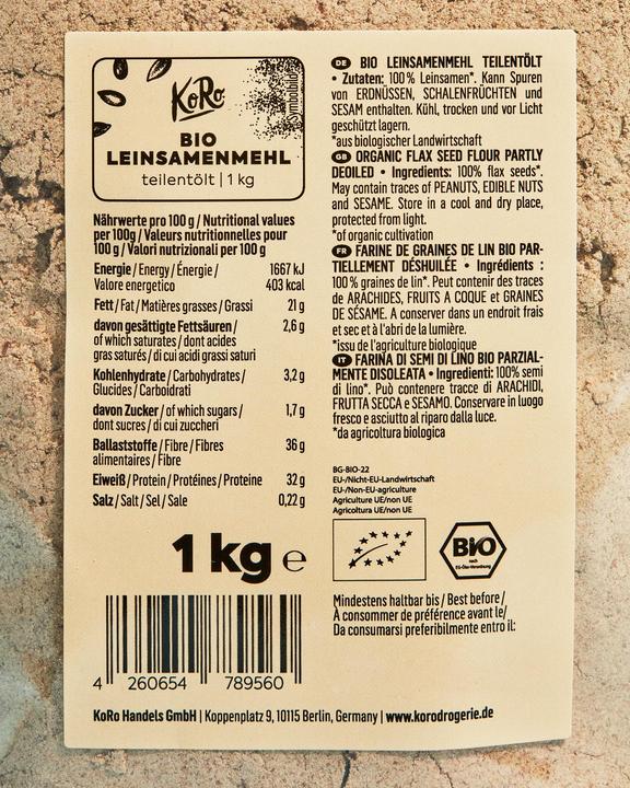 Nährwerte und Zutaten KoRo Bio Leinsamenmehl teilentölt (1000 g)