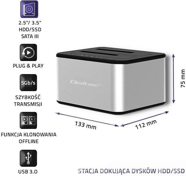 Produktbild Qoltec 50316 2x HDD/SSD docking station 2.5/3.5inch SATA USB 3.0 Cloning