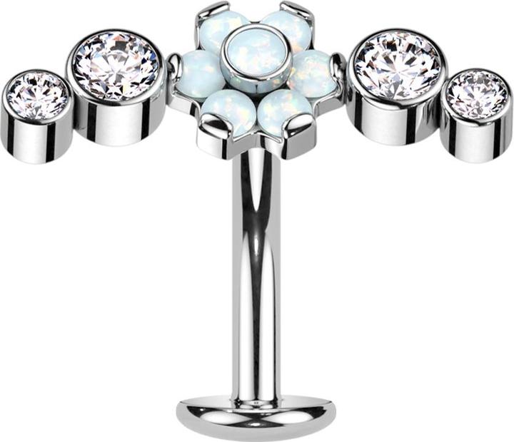 Star Piercing Threadless Labret-Stab Banane silber Blume Opale weiss gefasst vier Kristalle (Titan G23)