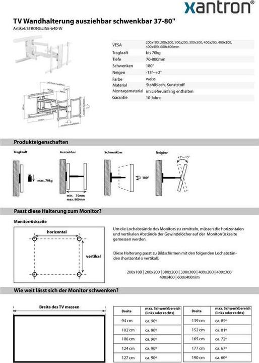 Actual product image Xantron TV wall mount white 80cm extension (Wall, 80", 70 kg)