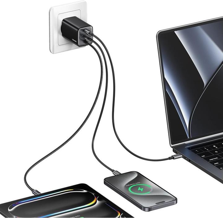 Actual product image Usams Ładowarka sieciowa JC Series CC266 65W GaN Fast Charger 2xUSB-C 1xUSB-A czarny (65 W)
