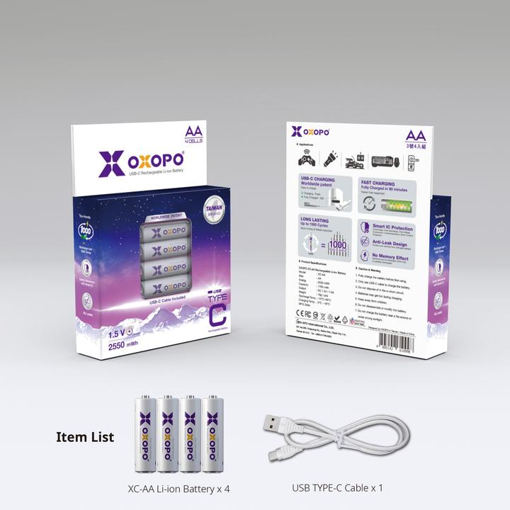 Immagine prodotto Oxopo Batteria agli ioni di litio da 1,5 V con connettore di ricarica USB C