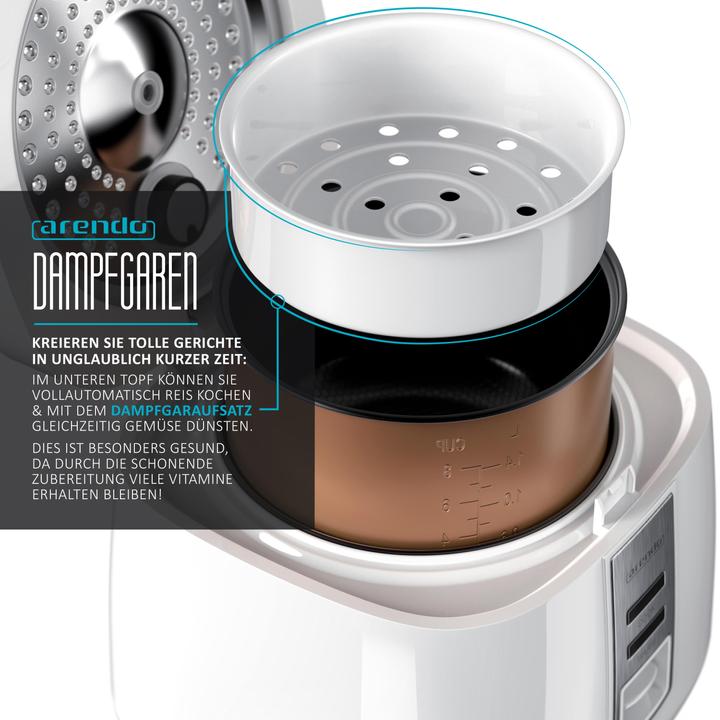 Produktbild Arendo Reiskocher 1,4l, 540 W, 1,4 L, Hitzeschutz, Dampfgareinsatz, Warmhaltefunktion, Dampfgarer, weiss
