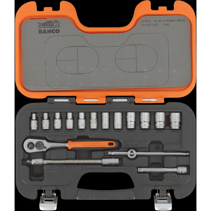 Immagine prodotto Bahco 1/4"-Steckschlüssel-Satz, metrisch, Sechskant, inklusive Umschaltknarre - 16-teilig (13 mm, 8 mm, 10 mm, 4 mm, 11 mm, 7 mm, 12 mm, 6 mm, 9 mm, 5 mm)