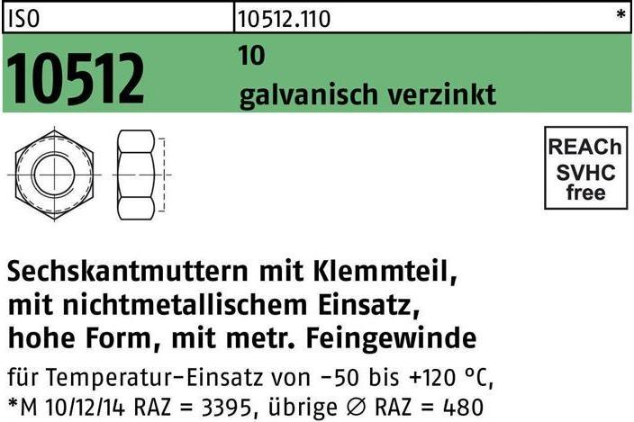Produktbild Sechskantmutter ISO 10512/DIN 6924 m.Klemmteil M 24 x 2 10 galvanisch verzinkt (M24)