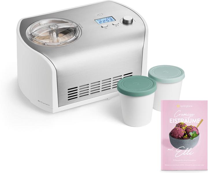Coperchio con apertura di riempimento, Ricettario, Manuale d'uso, Dosatore, Palline di gelato, Parte agitante, 2 contenitori di stoccaggio, Contenitore per gelato in acciaio inox, Gelatiera con compressore