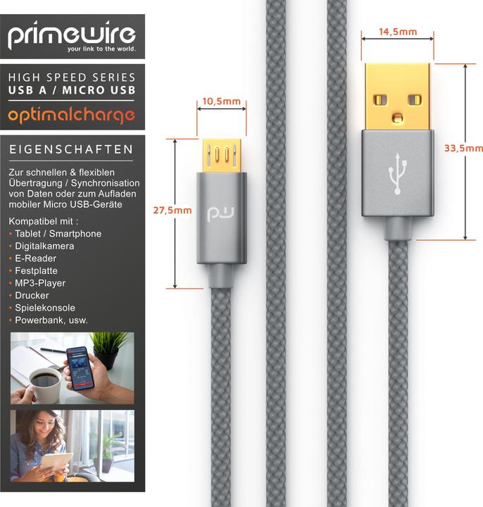 Image du produit Primewire Micro USB Cable - 2.4A MicroUSB Fast Charging Cable, Nylon, Metal Plug, Data Cable Charging Cable (3 m, USB 2.0)