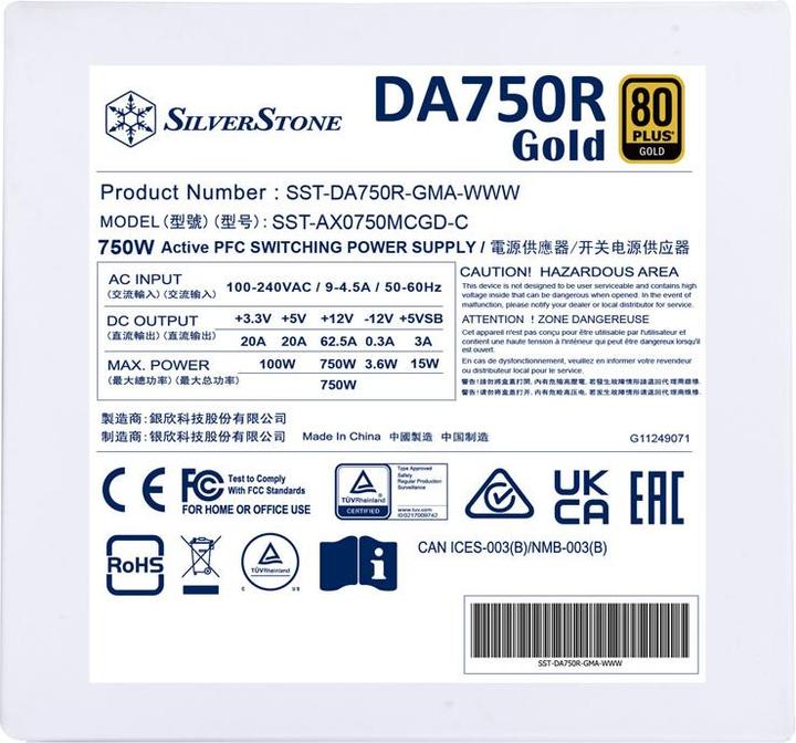Energie-Label Silverstone SST-DA750R-GMA-WWW - 80 PLUS Gold 750W ATX 3.0 & PCIe 5.0 Fully Modular Power Supply, wh (750 W)