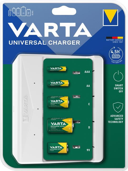 Varta Universal Charger (1 Stk., D, AAA, AA, C, 9V Block, 1600 mAh, Ladegerät ohne Akku)