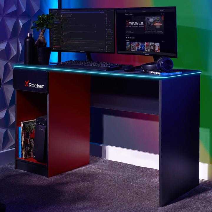 Image du produit X Rocker Bureau de jeu Carbon-Tek avec chargeur sans fil et éclairage LED Gris/Rouge