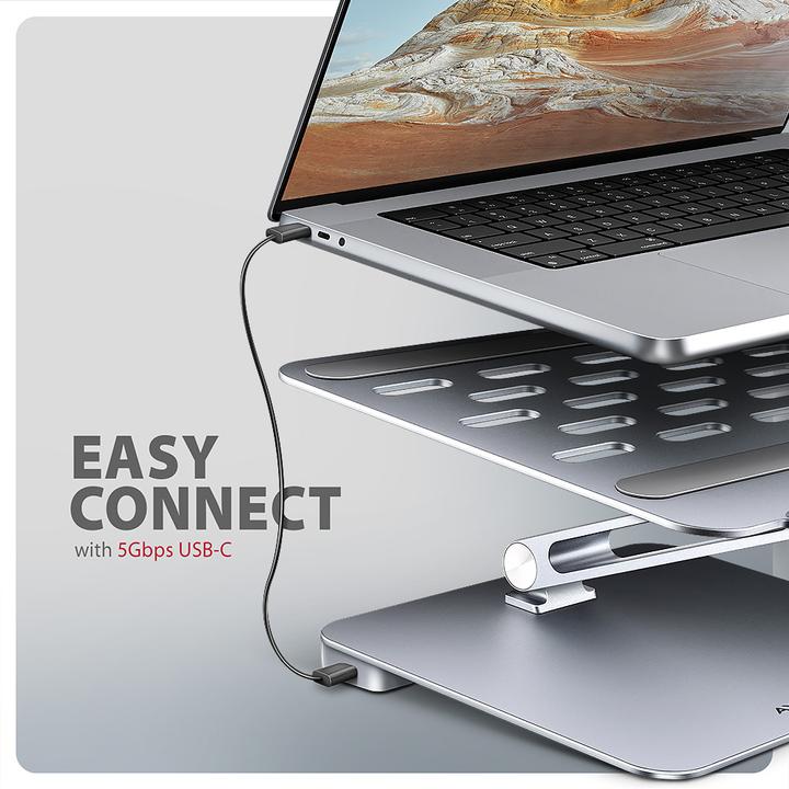 Actual product image Axagon HMC-STND stand for laptops and tablets, USB-C hub - silver (USB-C, 7 Ports)