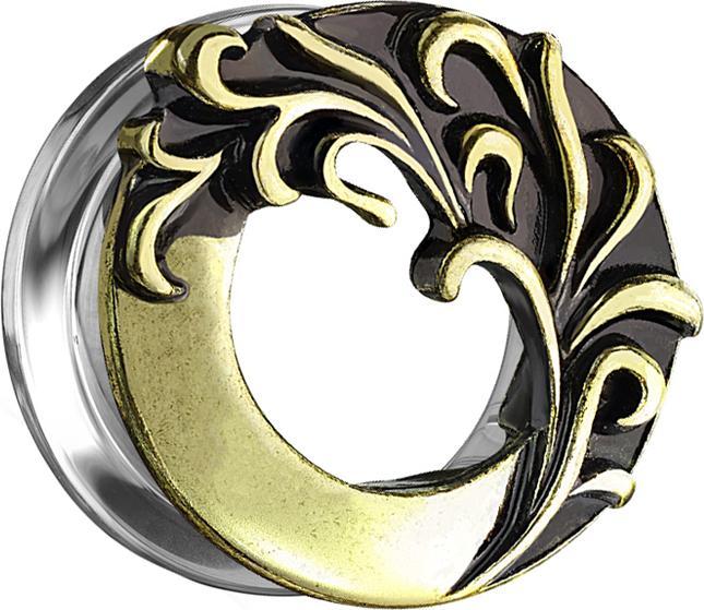 Actual product image Star Piercing Flesh Tunnel Old Gold Tribal Wave (Brass, Surgical steel 316L)