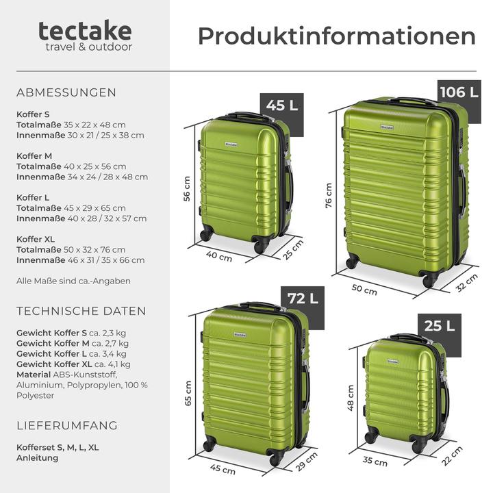 Produktbild tectake Hartschalenkofferset (106 l, Handgepäck (bis 50l), M (50 - 90l), L (90 - 115l))