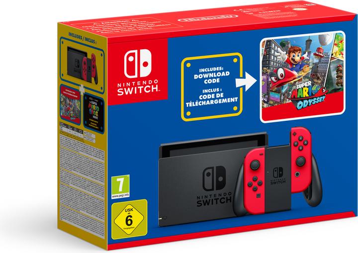 Nintendo Switch Rouge + Code de téléchargement Super Mario Odyssey + Autocollant du film Super Mario Bros.