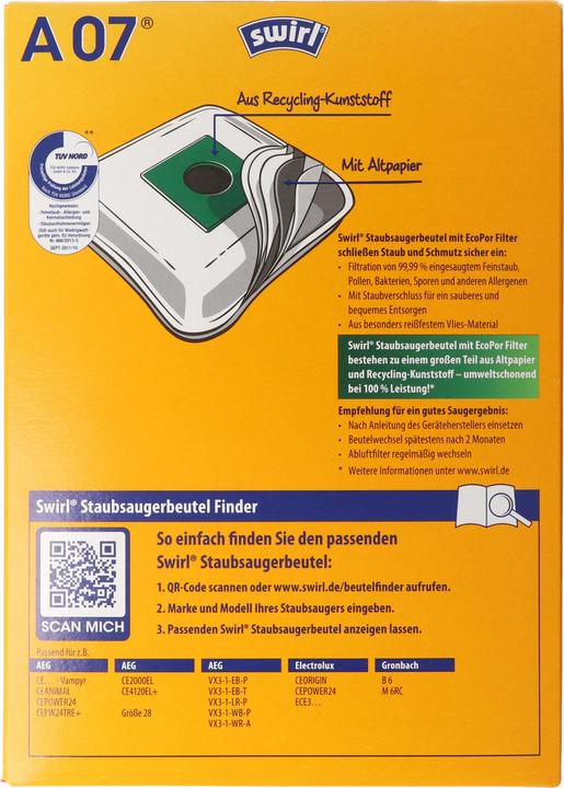 Produktbild Swirl Staubsaugerbeutel A07 MicroPor Plus für AEG, Electrolux, Progress und Volta Staubsauger (4 x)