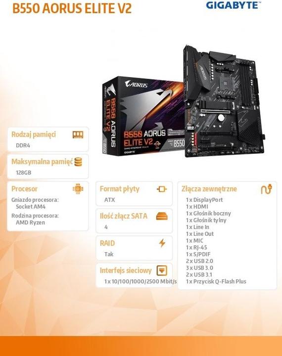Produktbild Gigabyte B550 AORUS Elite V2 (AM4, AMD B550, ATX)