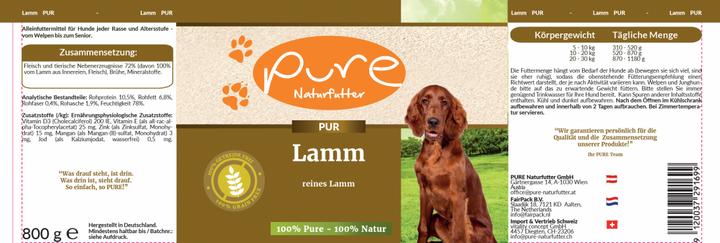 Nutritional values and ingredients Pure Naturfutter Dog menu PUR meat tin lamb (Adult, Junior, Senior, 1 pcs., 800 g)