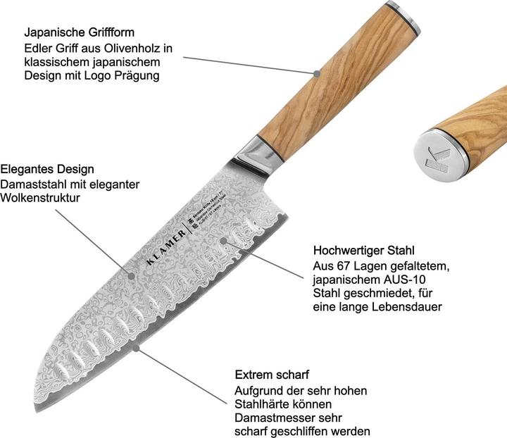 Immagine prodotto KLAMER Santoku Damastmesser Olive 18 cm Kochmesser (18 cm)