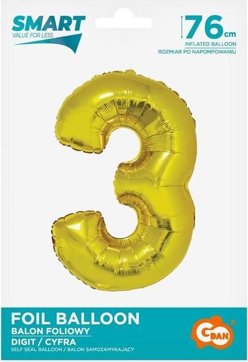 Produktbild GoDan Nummer 3 goldener Smart-Folienballon, 76 cm